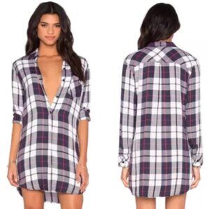 Rails Sawyer Shirt Mini Dress Small Plaid Button Front White Navy Cranberry